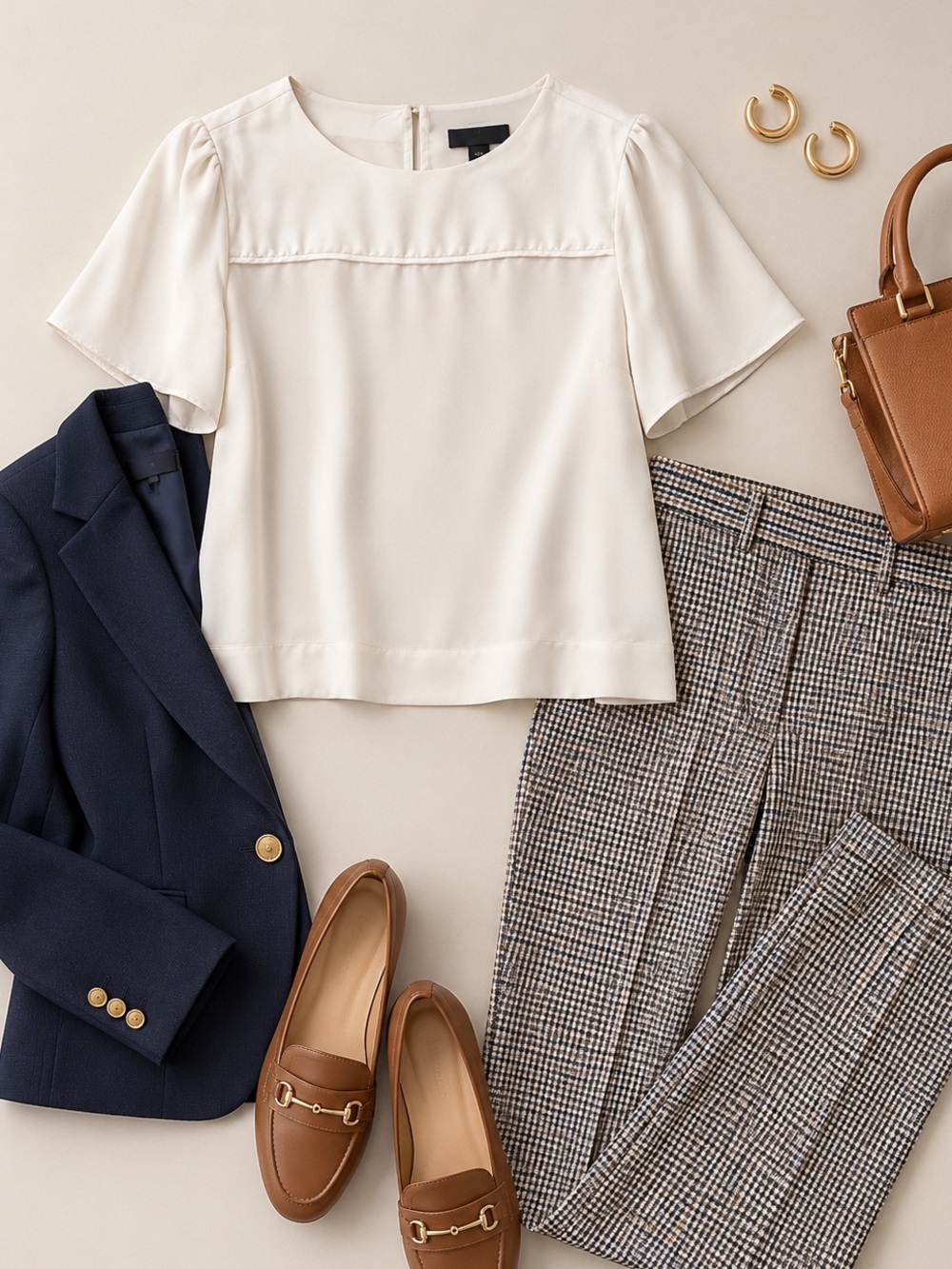 J Crew Cream Short Sleeve Blouse - Classic Workwear Top